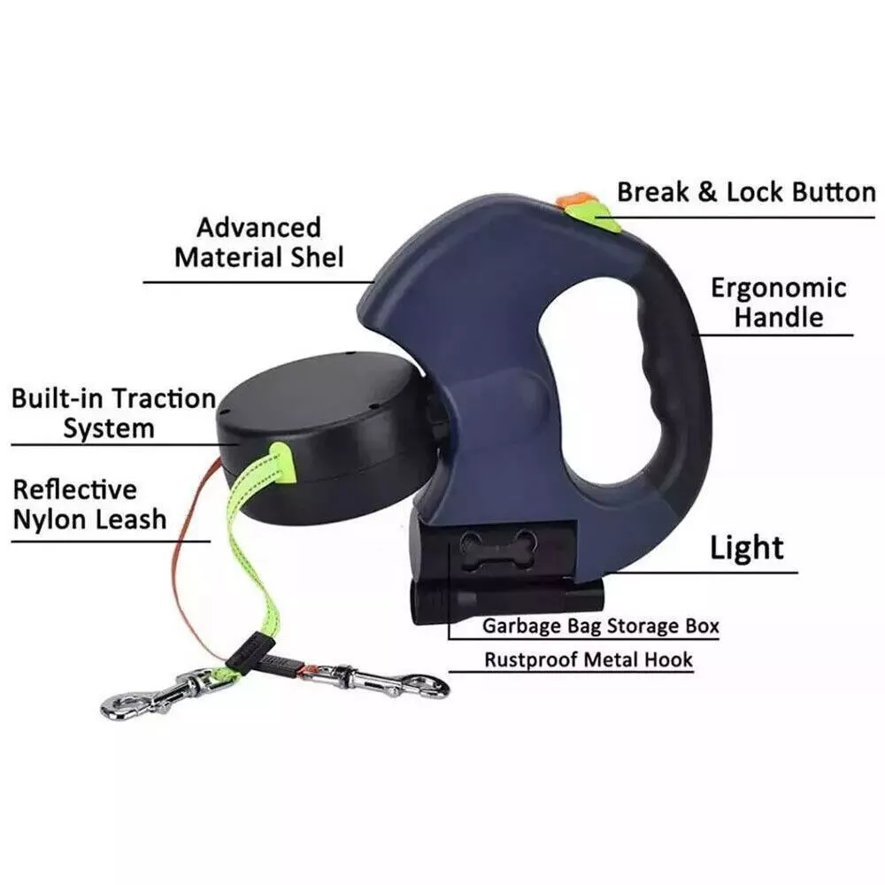 Dual Pet Leash Retractable Reflective Lead 360 Swivel Double Dog Walking Leash